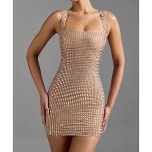 Oh Polly Nude Rhinestone Mesh Mini Dress Square Neck Bodycon Tan US 14 NWT
